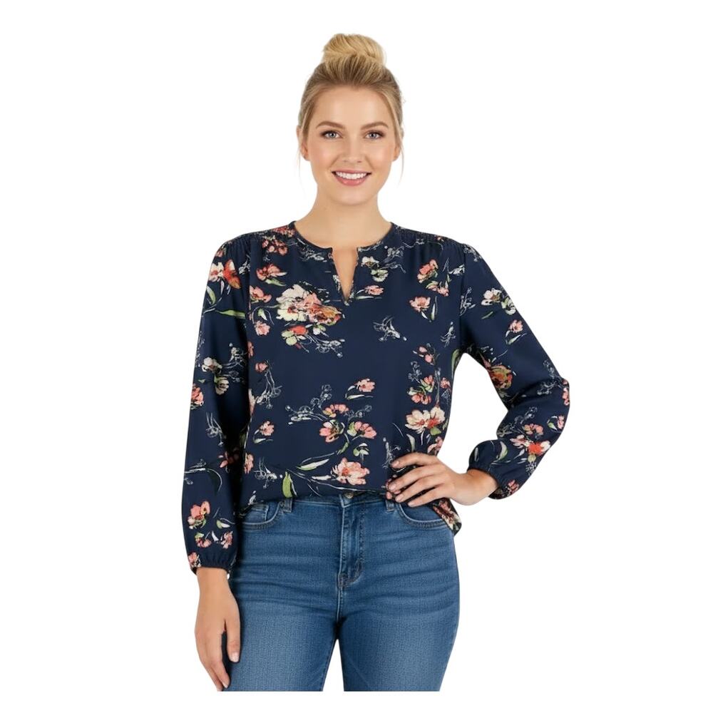 Fun2fun Split Neck Floral Blouse Blue Long Sleeve Women Size Small NWT